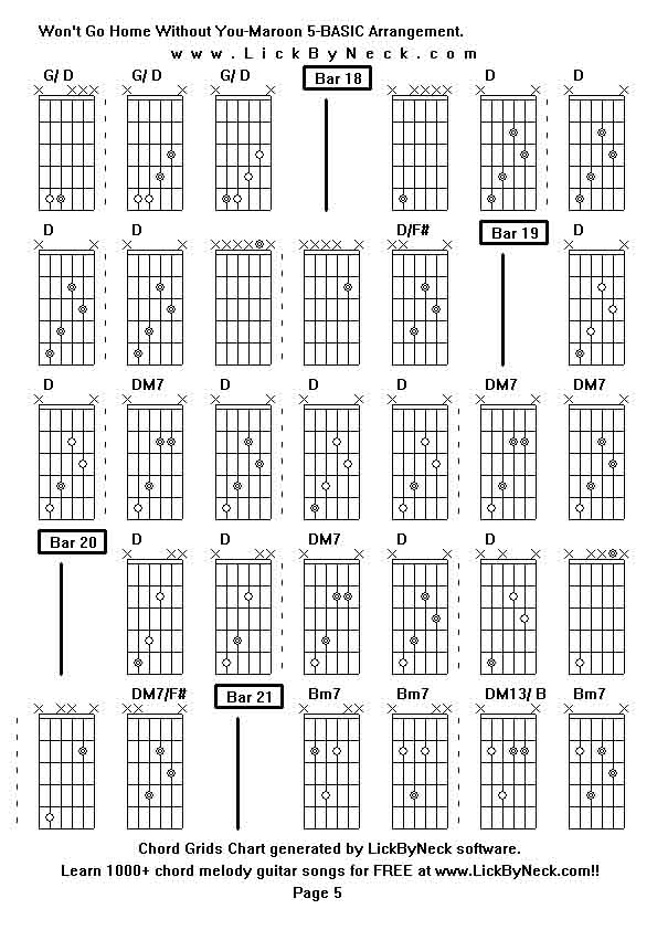 Chord Grids Chart of chord melody fingerstyle guitar song-Won't Go Home Without You-Maroon 5-BASIC Arrangement,generated by LickByNeck software.